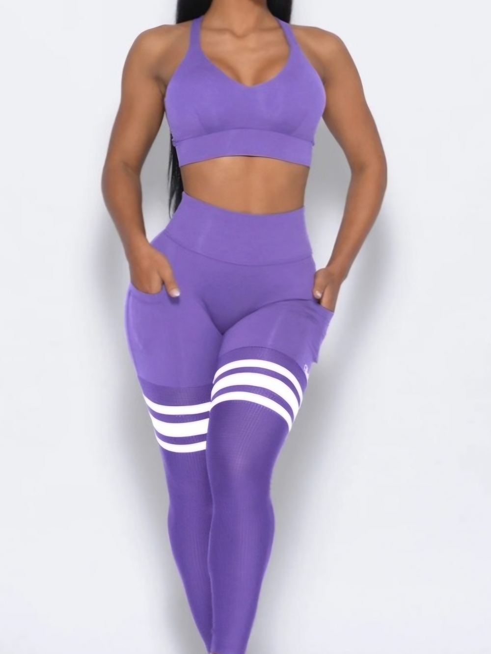 Bombshell Sportswear Purple Leggings  White Stripes sz small